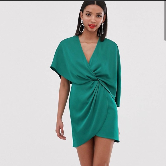 ASOS Dresses & Skirts - ASOS DESIGN satin kimono mini dress w/ knot front and asymmetric sleeve, Green